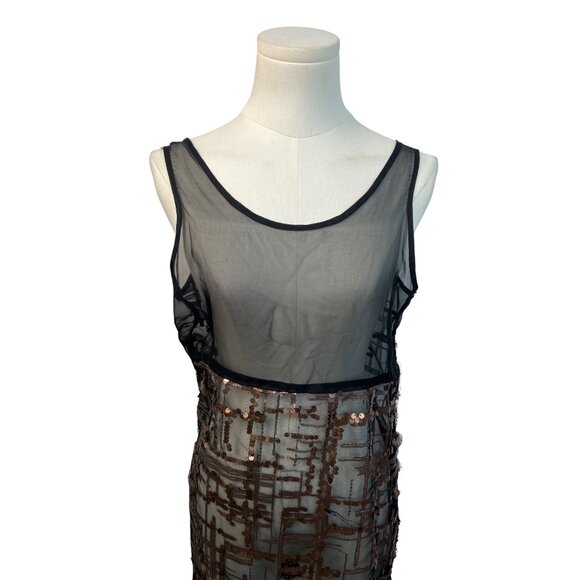 Black Sheer Sleeveless Dress With Bronze Sequin Geometric Pattern - Picture 4 of 6